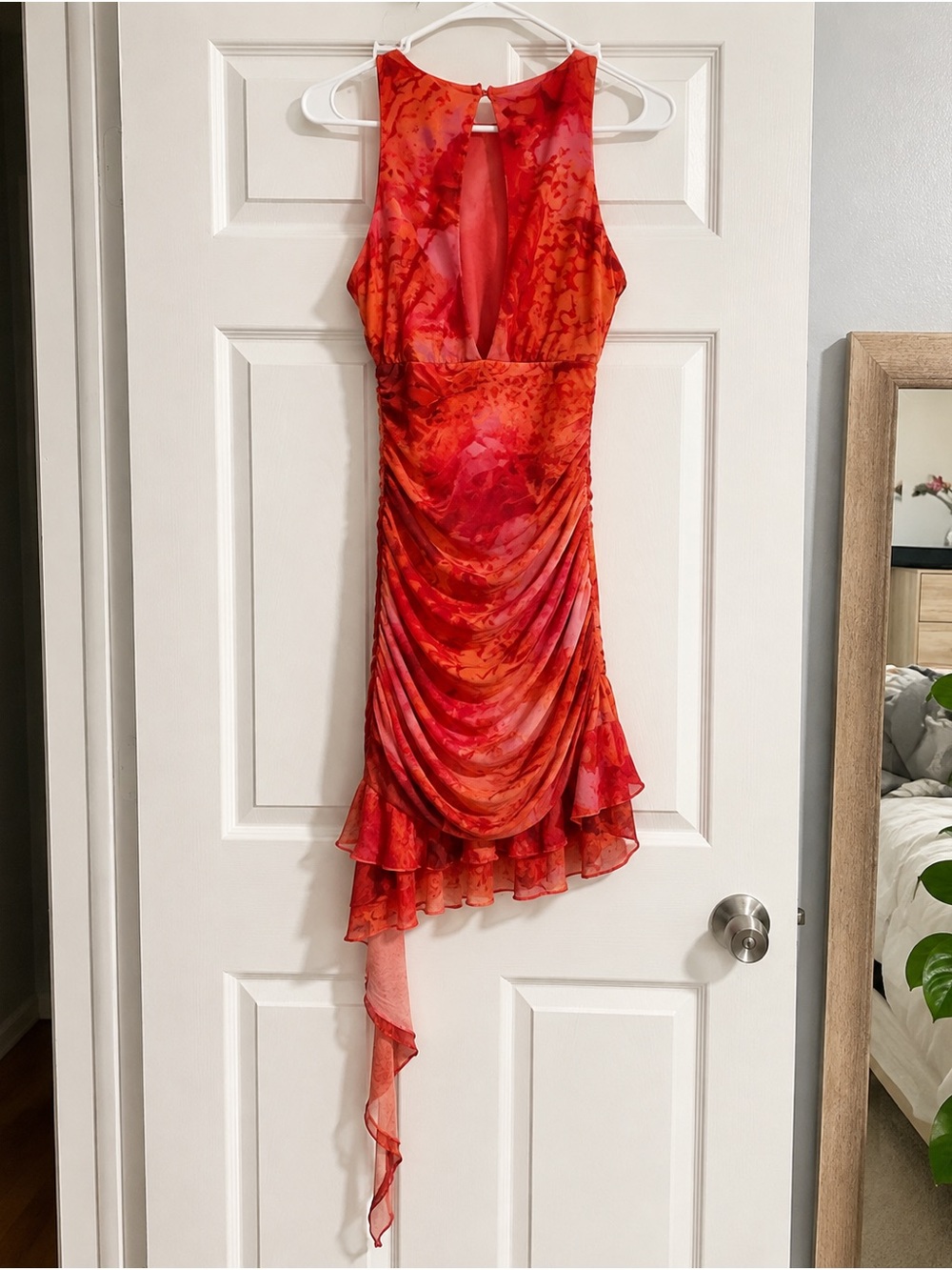 Fashion Nova Red Orange Ruched Asymmetric Ruffle Dress